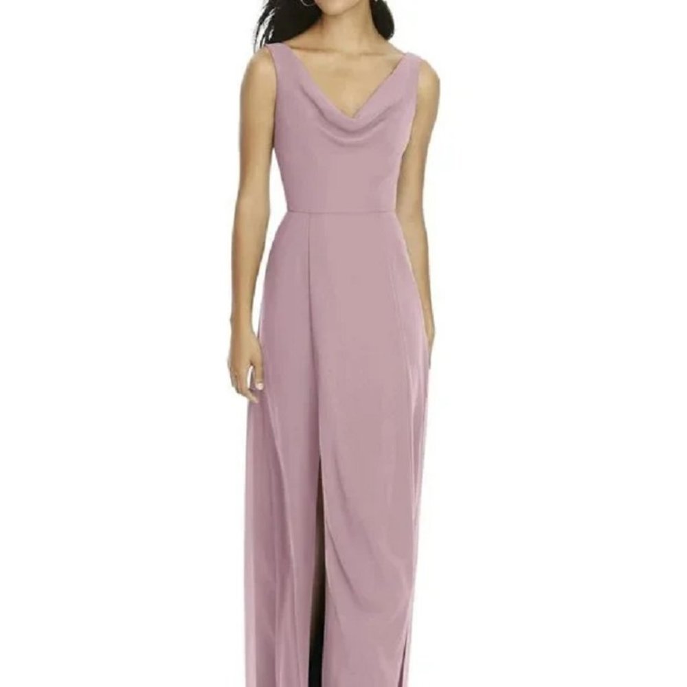 Dessy 8180....Full Length, Cowl Neck, V Back Dress....Suede Rose...Size 6...NWT
